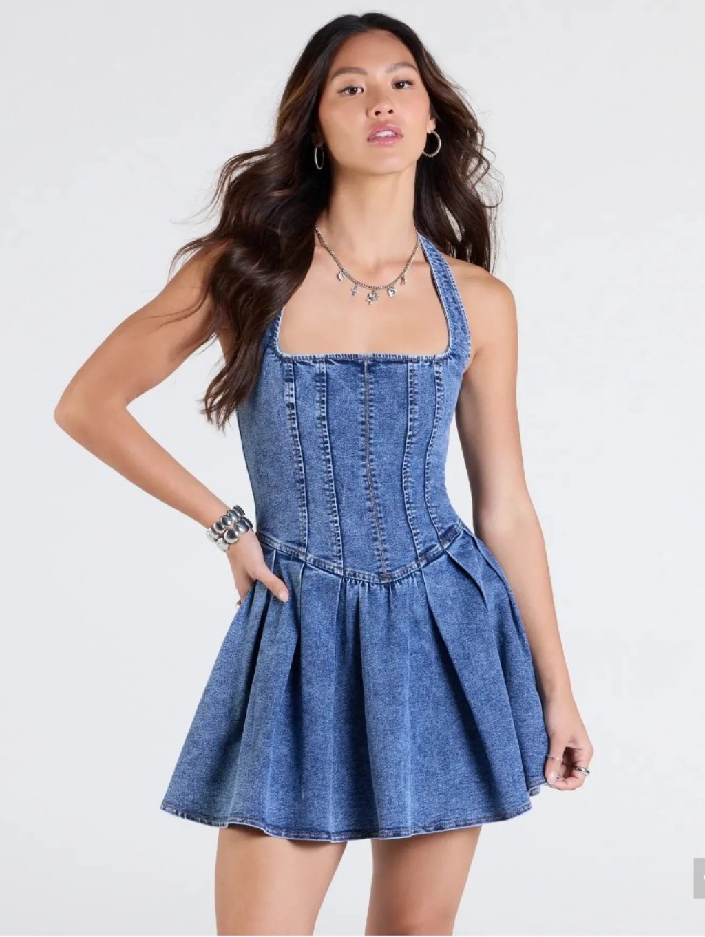 Windsor Darling Charm Halter Pleated Denim Mini Dress With Corset Details